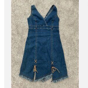 Vintage Y2K Denim Carolina Blues Mini Dress Raw Hem Leather Ties Size 8